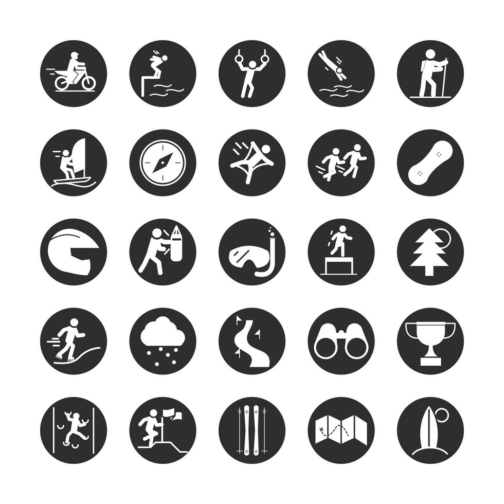 deporte extremo, estilo de vida activo, gimnasia, corredor, swin, buceo, esquí, escalada, bloque, y, plano, iconos, conjunto vector