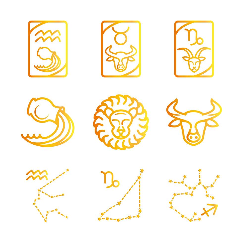 zodíaco astrología horóscopo calendario constelación tauro leo acuario colección de iconos estilo degradado vector