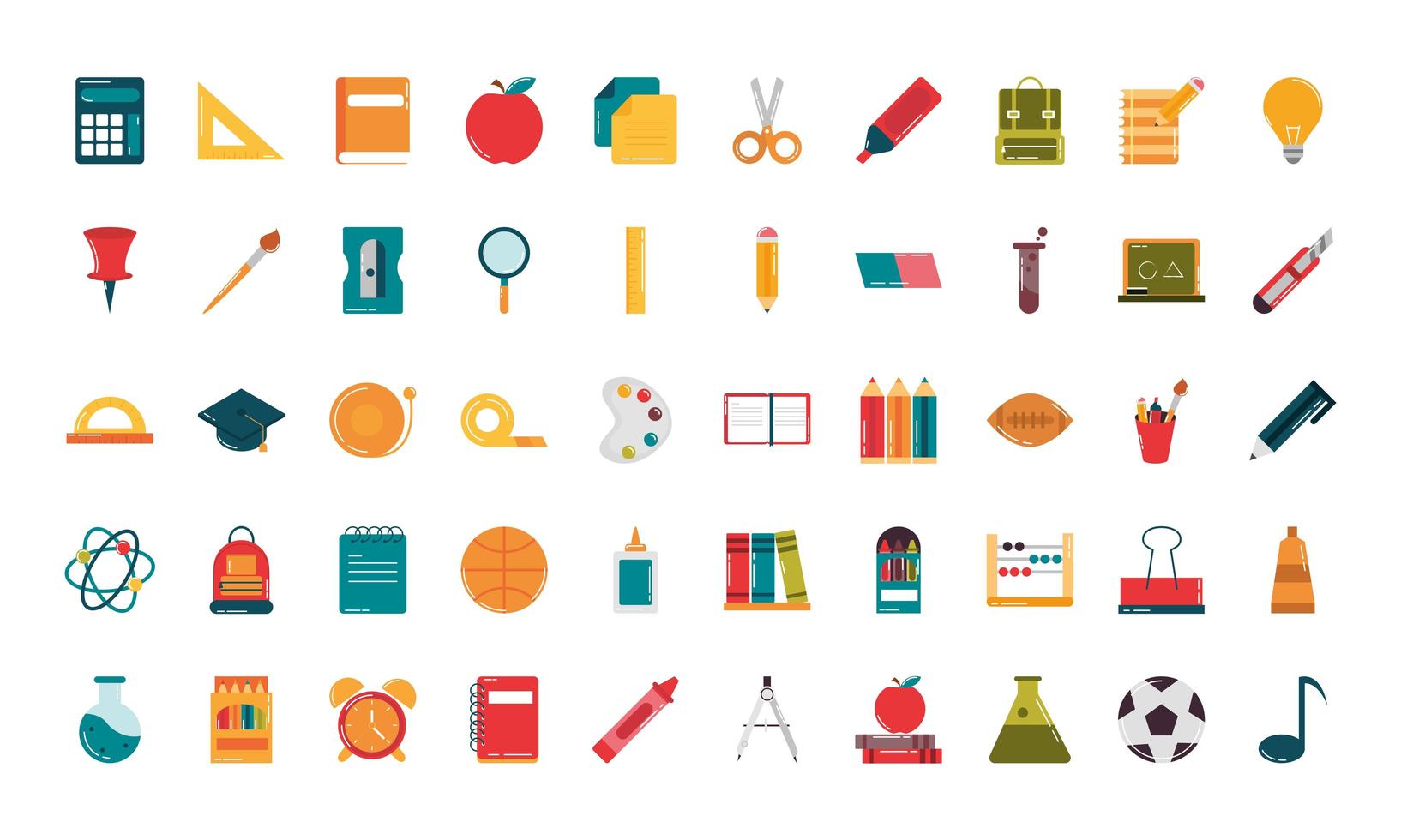 school education supply class stationery flat style icons set vector