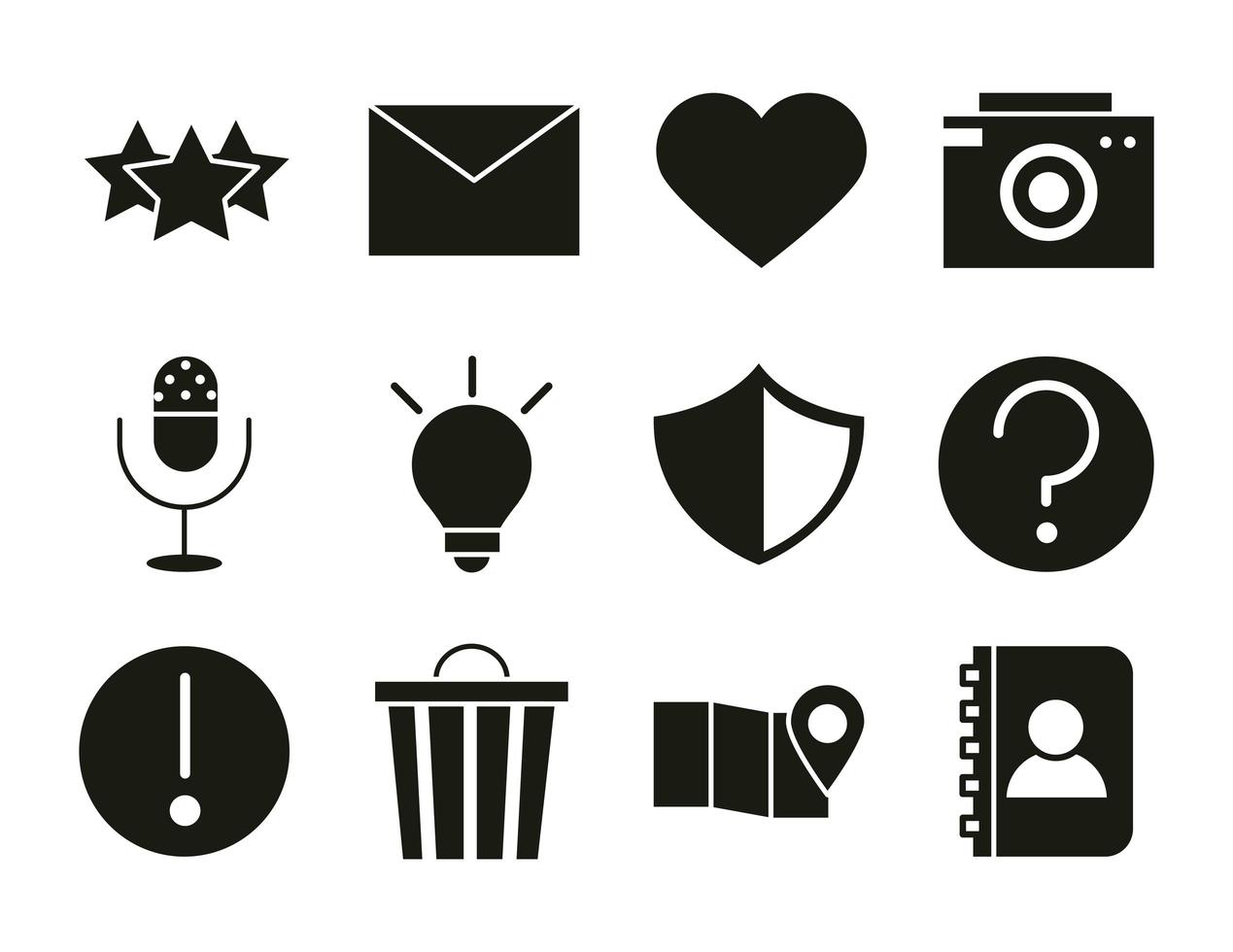 mobile application favourite email like camera audio contact web button menu digital silhouette style icons set vector