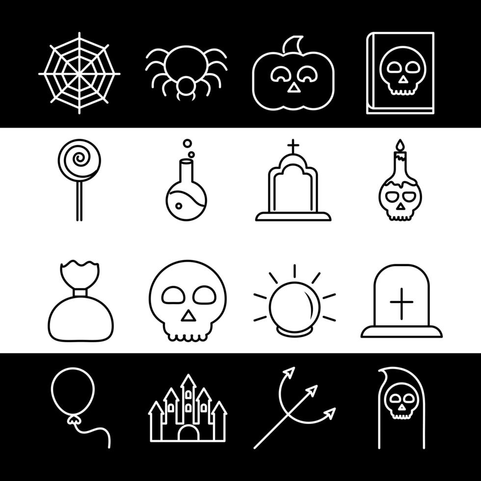 happy halloween trick or treat party celebration spider web pumpkin skull candle linear icons set vector