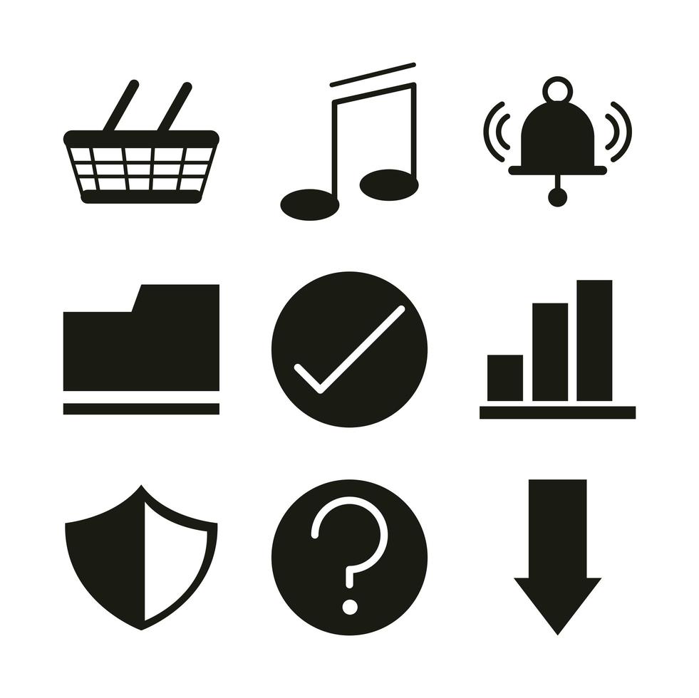 mobile application shopping music support file web button menu digital silhouette style icons set vector