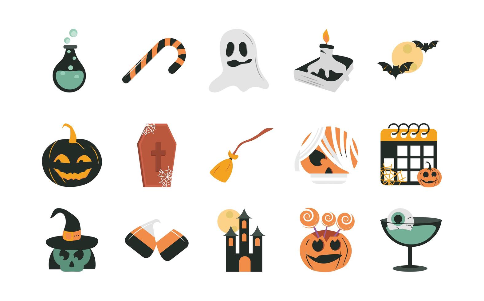 happy halloween trick or treat party celebration candy potion ghost candle pumpkin coffin flat icons set vector