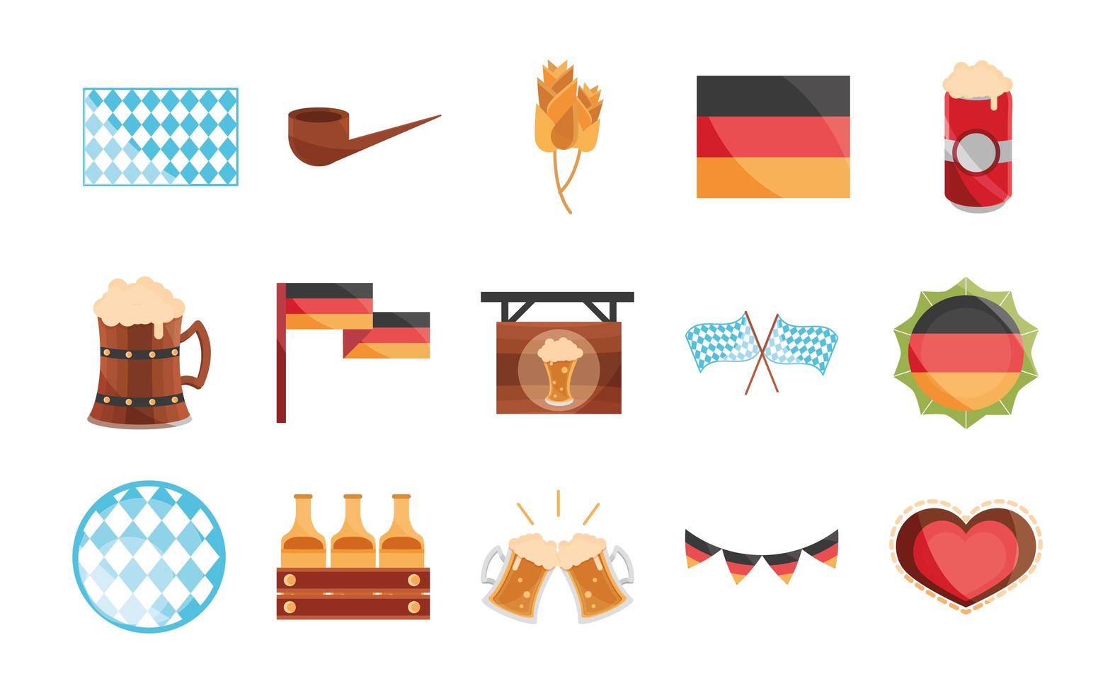 Oktoberfest, celebración del festival de la cerveza, diseño de conjunto de iconos planos tradicionales alemanes vector