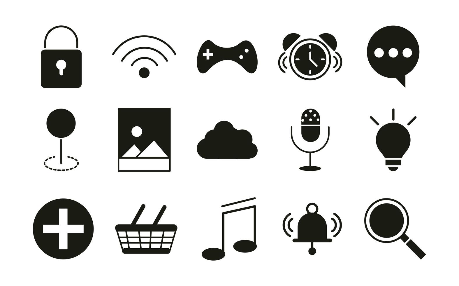 mobile application security cloud data storage audio clock video web button menu digital silhouette style icons set vector