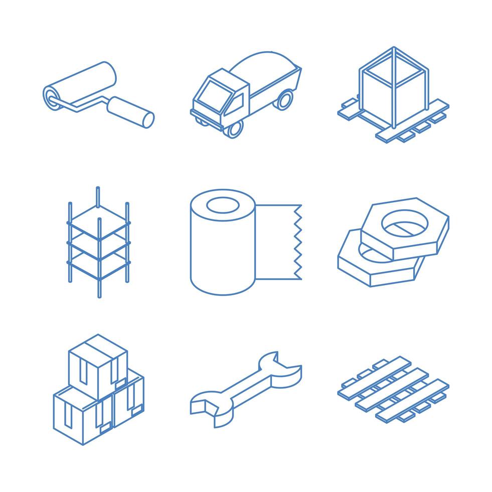 isometric repair construction work tool and equipment hammer trowel toolbox flat style icons set vector