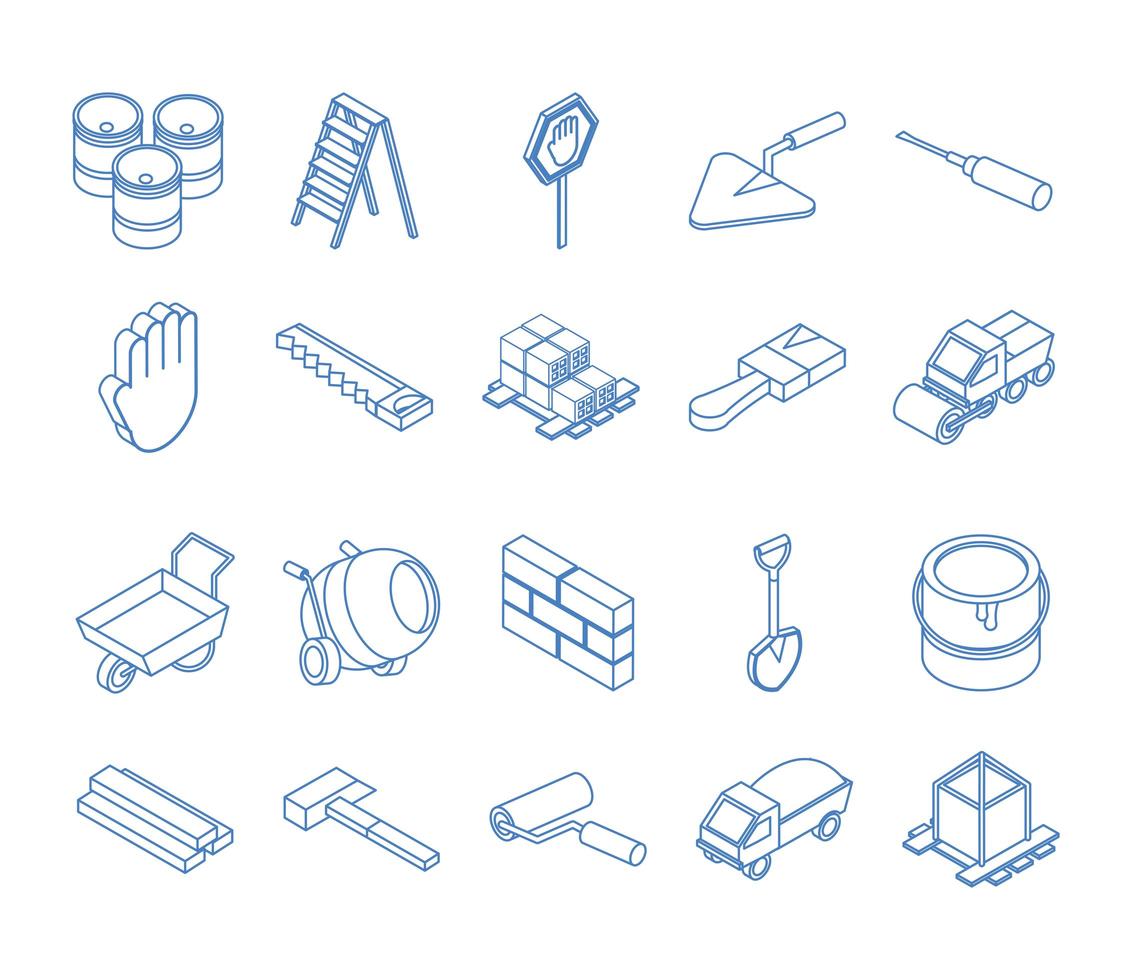 isometric repair construction work tool and equipment barrels ladder saw brush shovel bucket hammer screwdriver flat style icons set vector