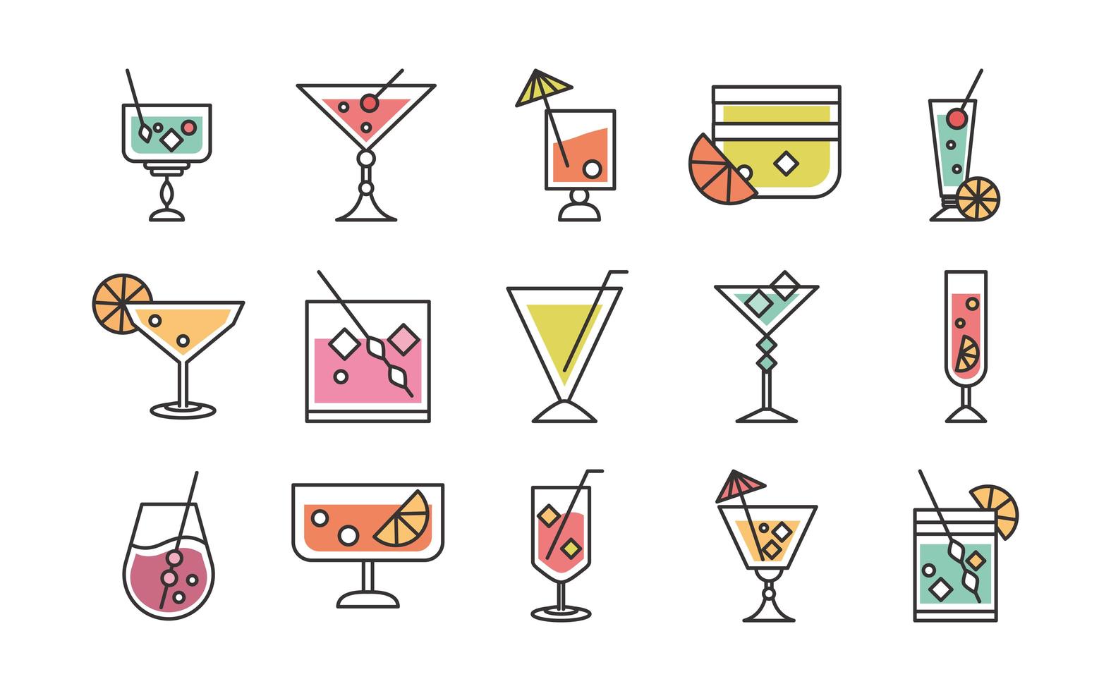 cocktail icon drink liquor refreshing alcohol glass cups party celebration icons set vector