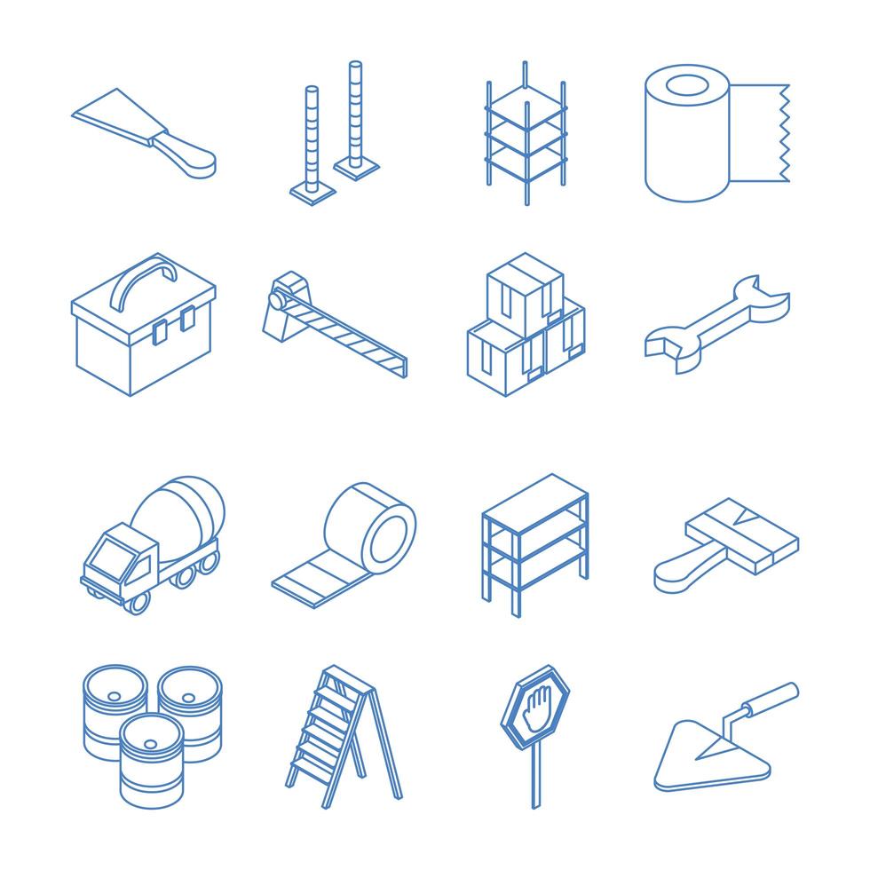 isometric repair construction work tool and equipment concrete mixer truck ladder tape gears brush hammer flat style icons set vector