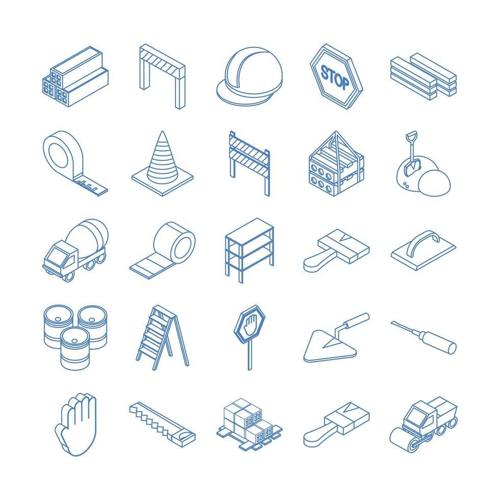 isometric repair construction work tool and equipment bricks barricade helmet brush shovel saw truck flat style icons set vector