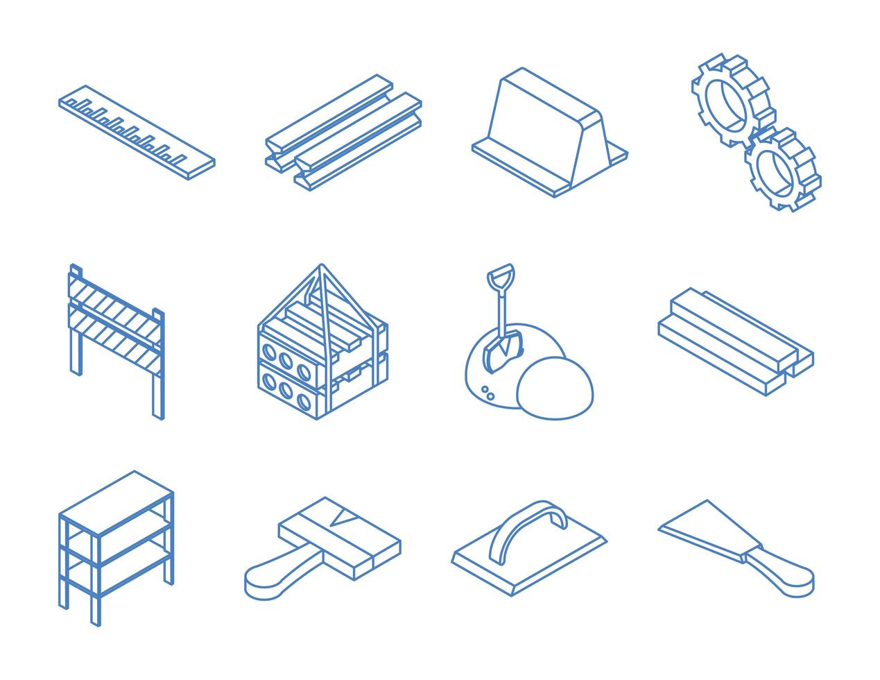 isometric repair construction work tool and equipment ladder mixer concrete barrel shovel soil hammer flat style icons set vector