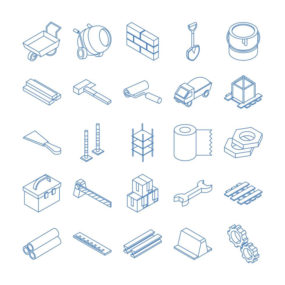 isometric repair construction work tool and equipment concrete mixer wheelbarrow hammer brush gear tape barricade flat style icons set vector