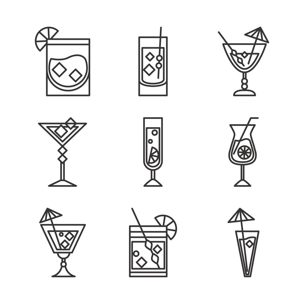 cocktail icon drink liquor refreshing alcohol glass cups lime umbrella ice icons set vector