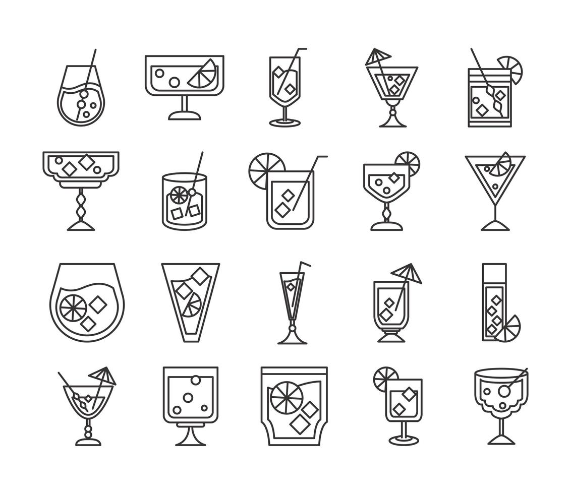icono de cóctel licor alcohol refrescante vasos de vidrio bebidas heladas conjunto de iconos vector