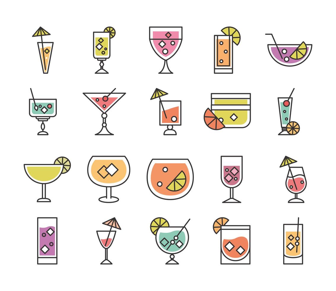 icono de cóctel licor alcohol refrescante vasos de vidrio bebidas heladas conjunto de iconos vector