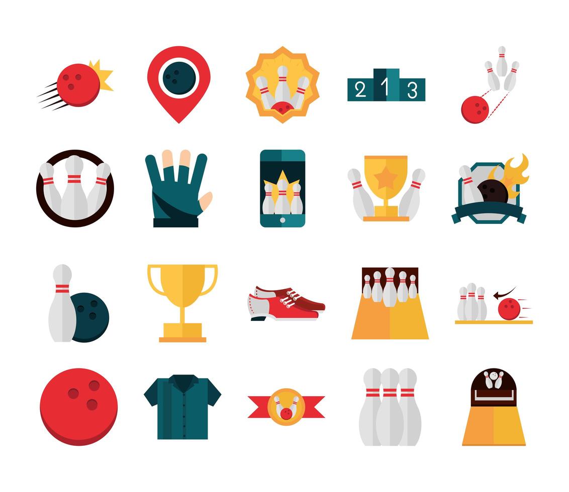 bowling game recreational sport ball shirt pin stand podium trophy flat icons set vector