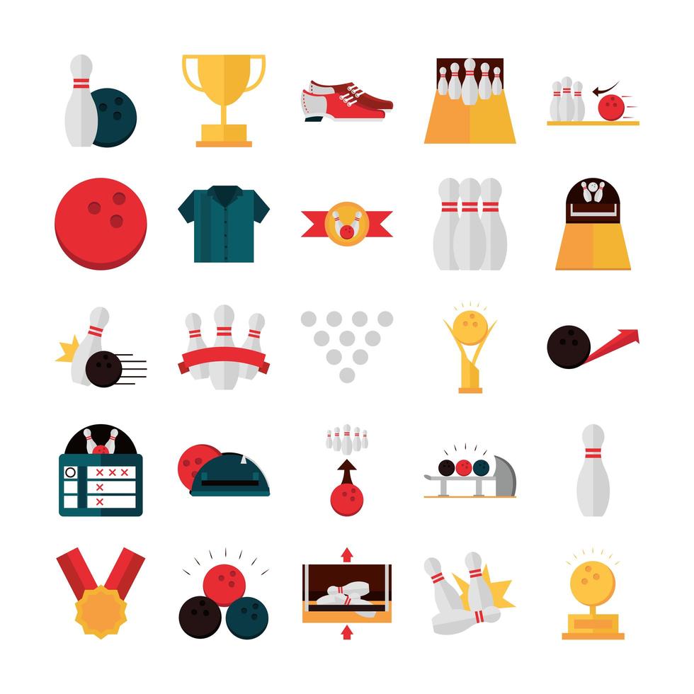 bowling game recreational sport pin ball trophy medal score board flat icons set vector
