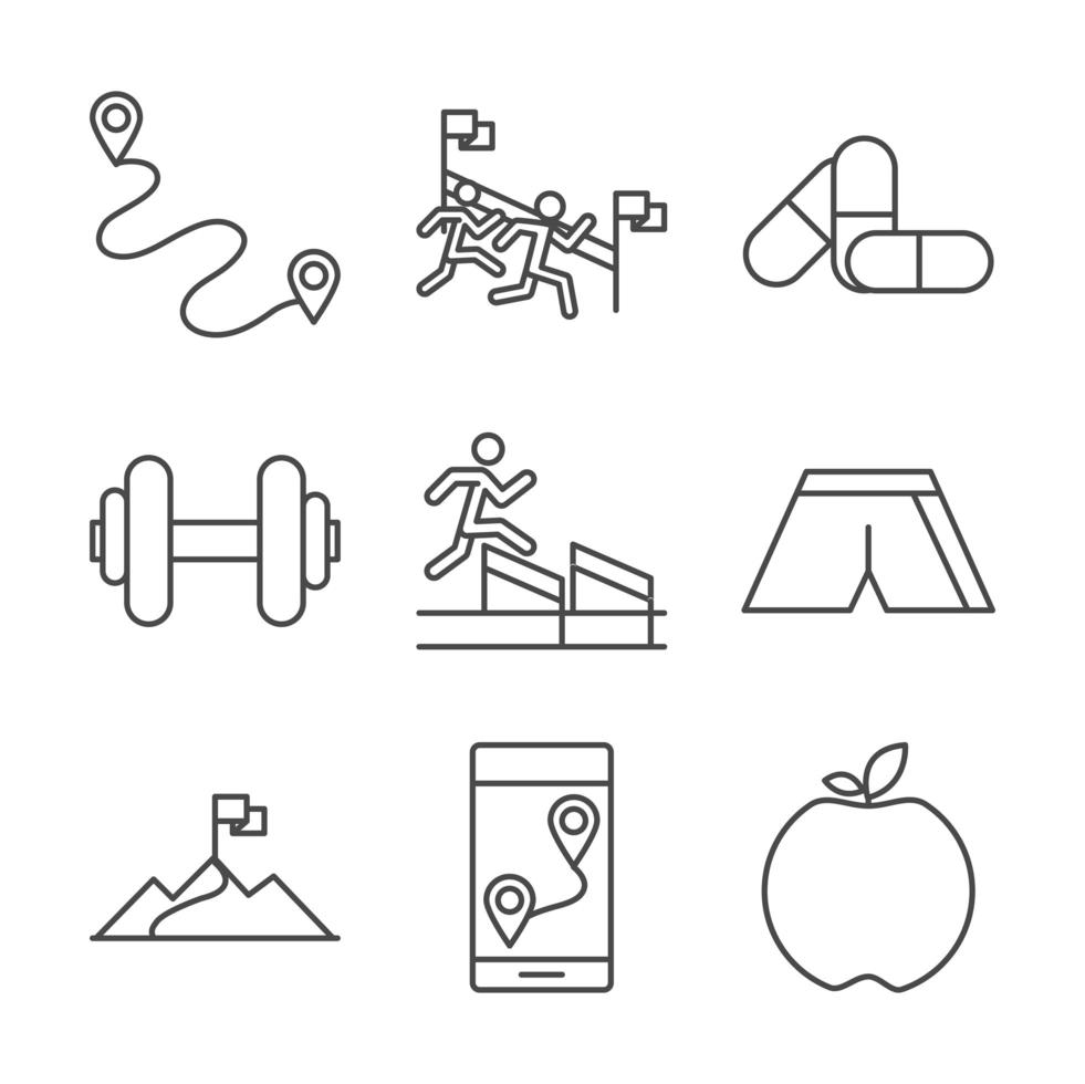 running sport race track flag finish apple barbell medicine line icons set design vector