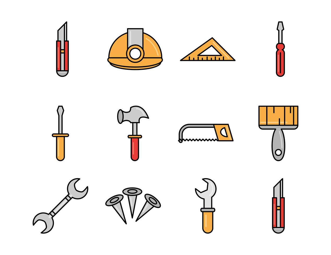 Reparación de herramientas, mantenimiento y equipos de construcción, iconos de línea y relleno. vector