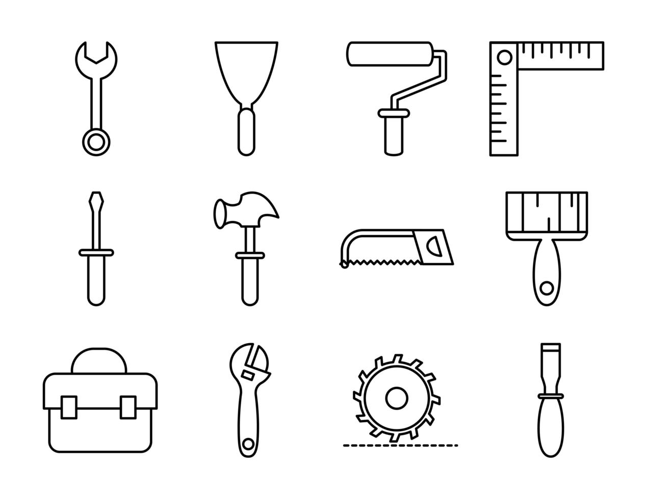 reparación de herramientas, mantenimiento y equipos de construcción, conjunto de iconos de estilo de línea vector