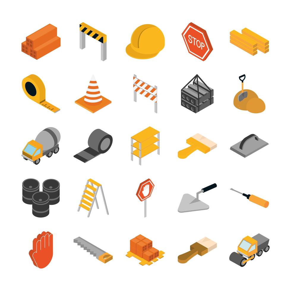 isometric repair construction work tool and equipment bricks barricade helmet brush shovel saw truck flat style icons set vector