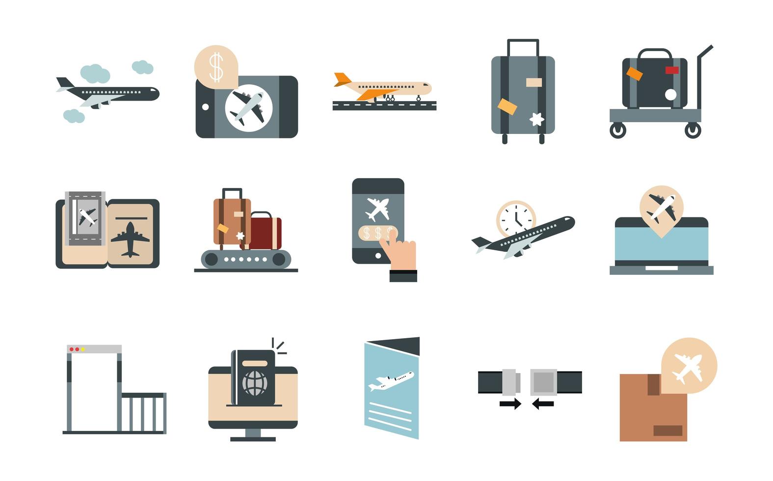 airport travel transport terminal tourism or business plane suitcase online ticket flat style icons set vector