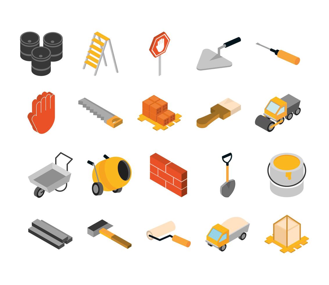 isometric repair construction work tool and equipment barrels ladder saw brush shovel bucket hammer screwdriver flat style icons set vector