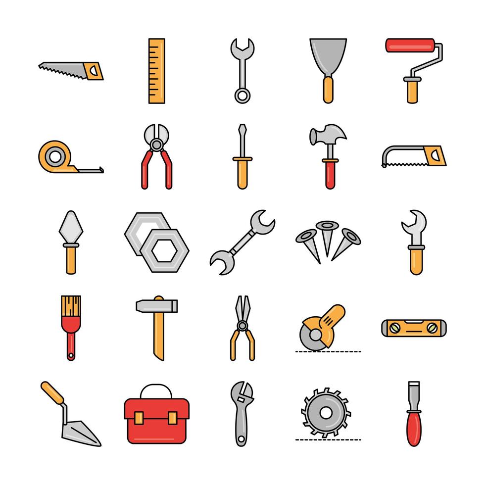 tool repair maintenance and construction equipment icons set line and fill vector