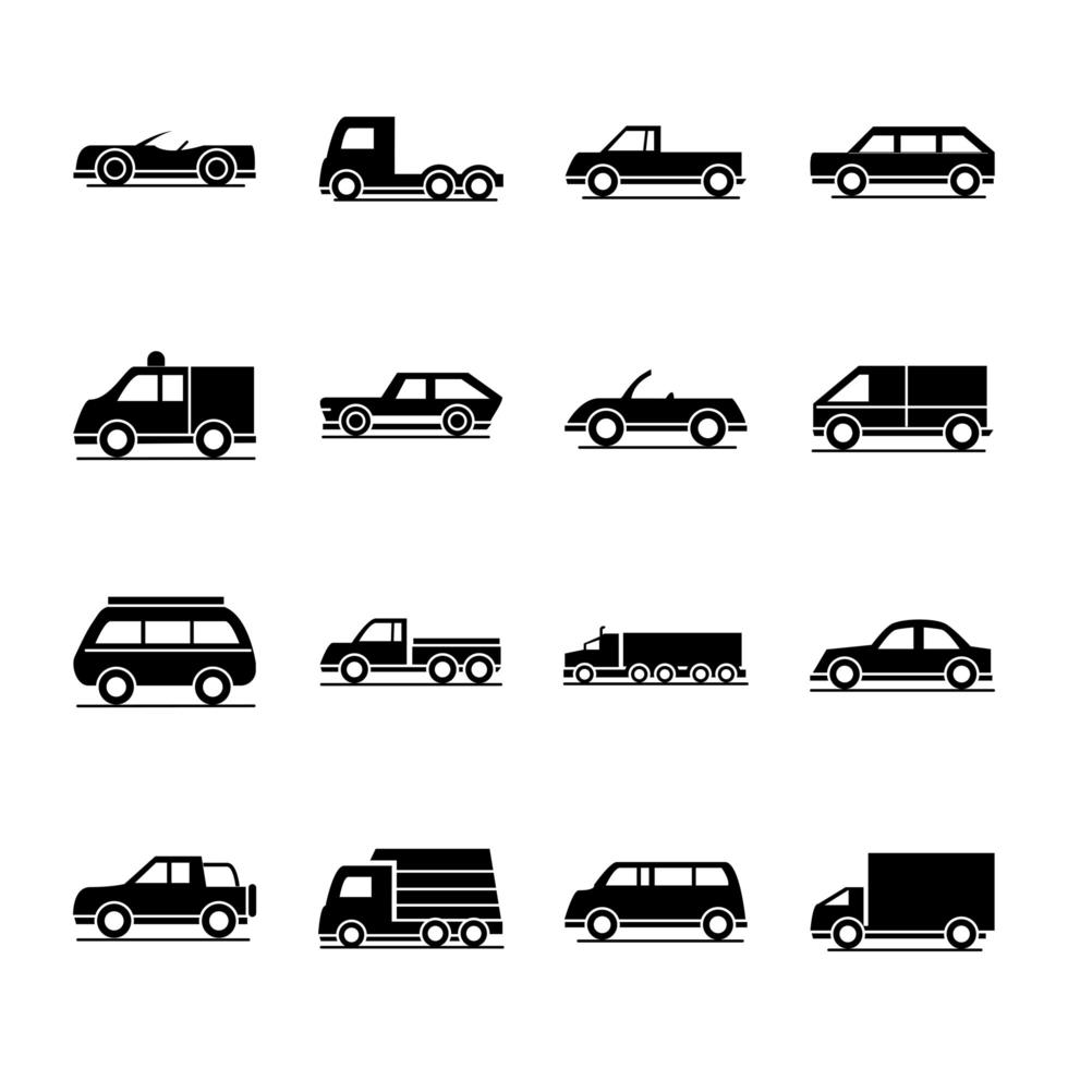 car model delivery truck passenger public transport vehicle silhouette style icons set design vector