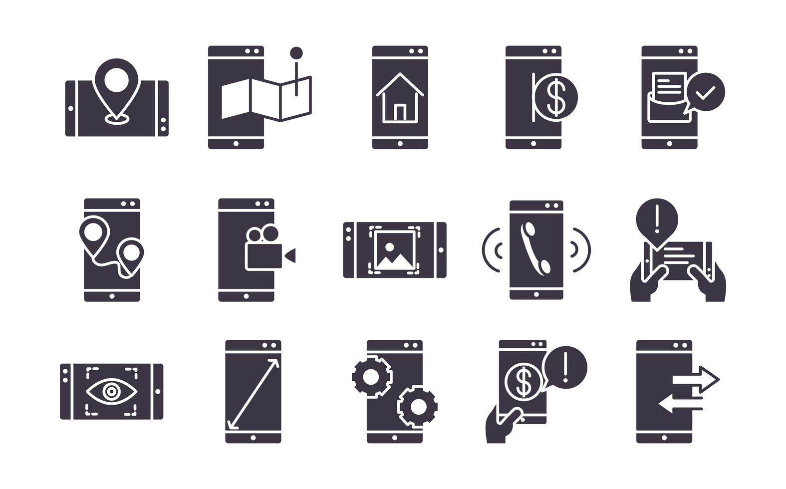 smartphone device technology digital app and conection silhouette style design icons set vector