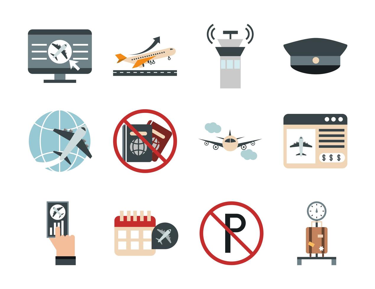 airport travel transport terminal tourism or business control tower computer online ticket suitcase flat style icons set vector