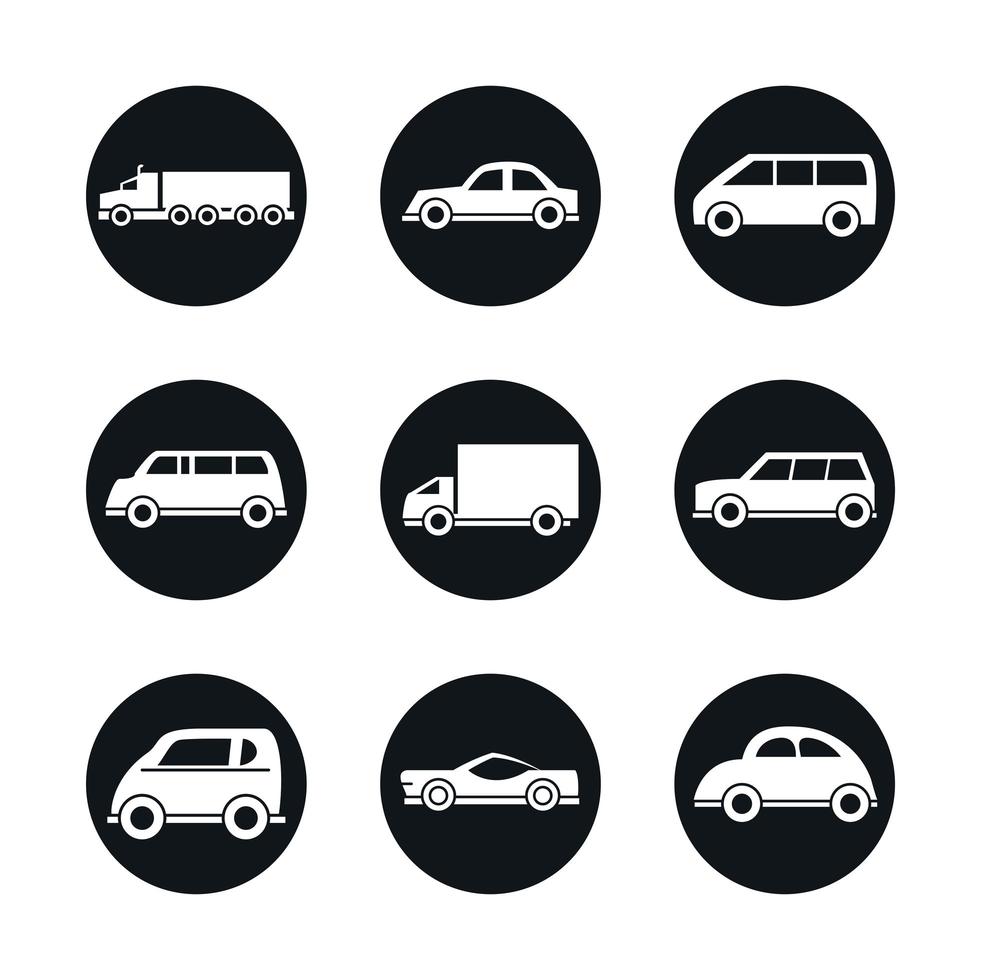 car model sport truck van transport vehicle silhouette style icons set design vector