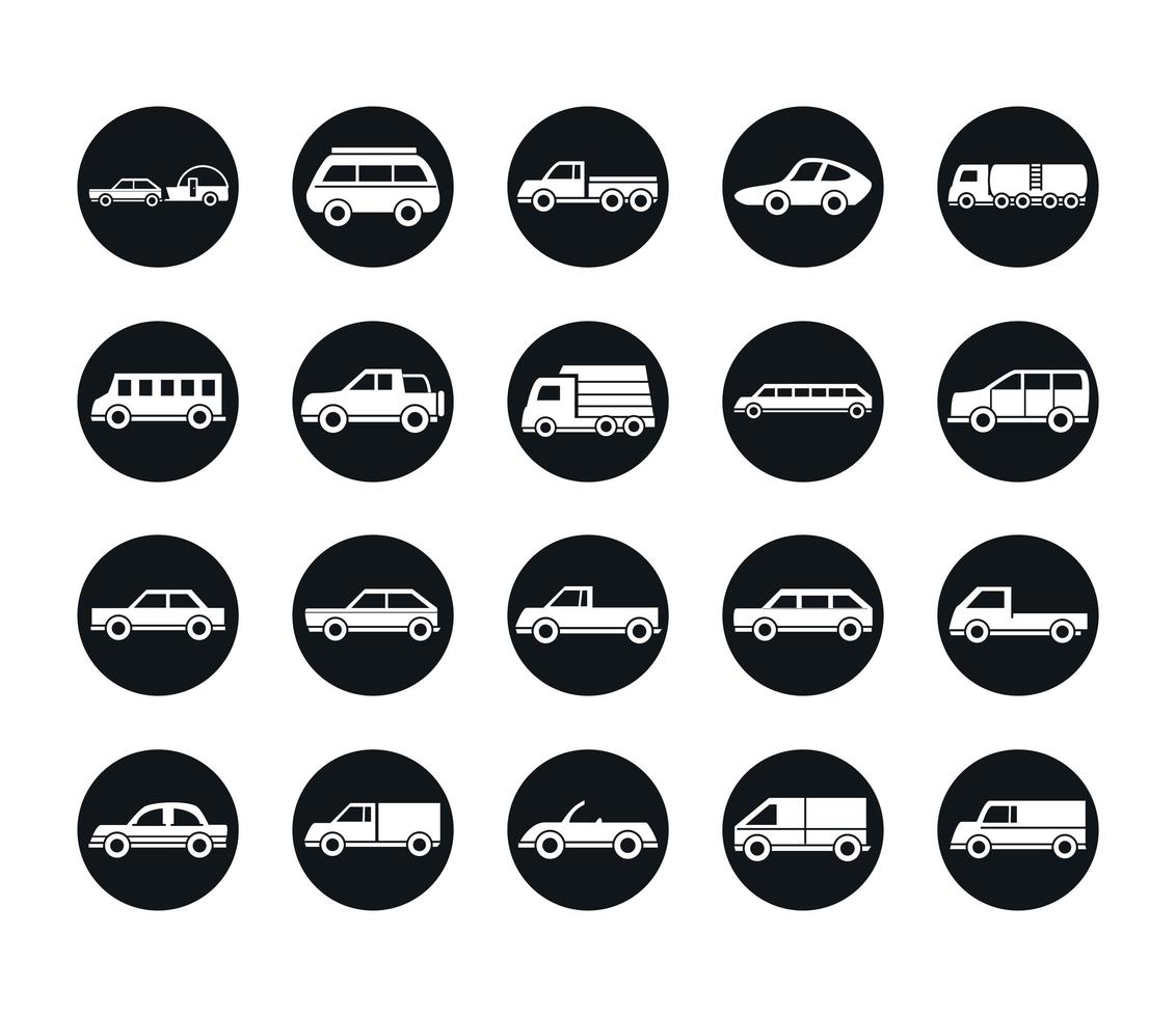car model travel bus truck transport vehicle silhouette style icons set design vector