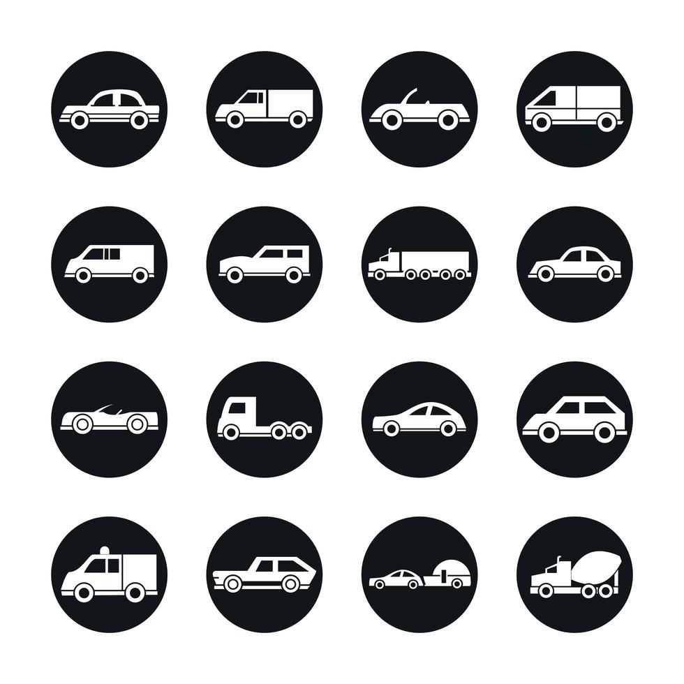 car model mini truck campervan transport vehicle silhouette style icons set design vector