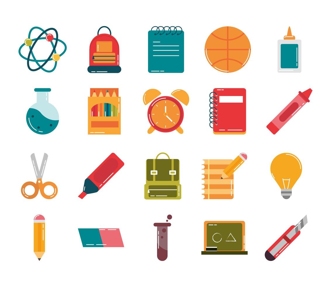 school education supply class stationery flat style icons set vector