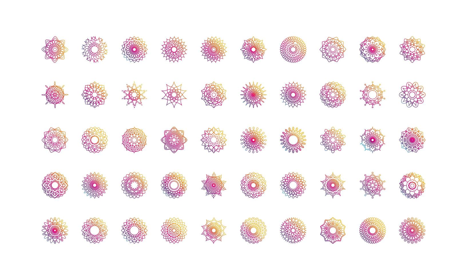 mandala decoration ornament flower motif ethnic oriental gradient style icon set vector