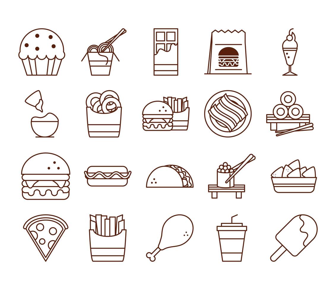 fast food dinner and menu tasty meal and unhealthy restaurant lunch icons set line and fill style vector