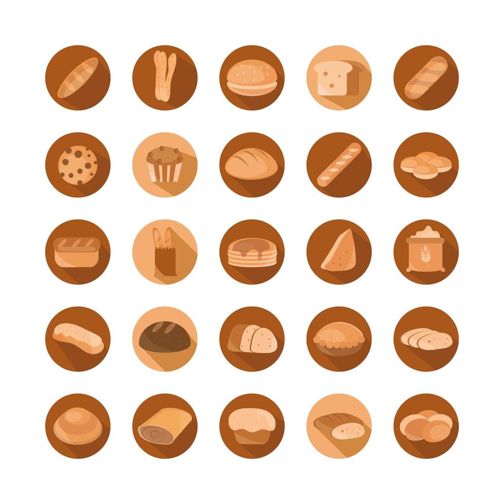 Menú de pan panadería bloque de productos alimenticios y conjunto de iconos planos vector