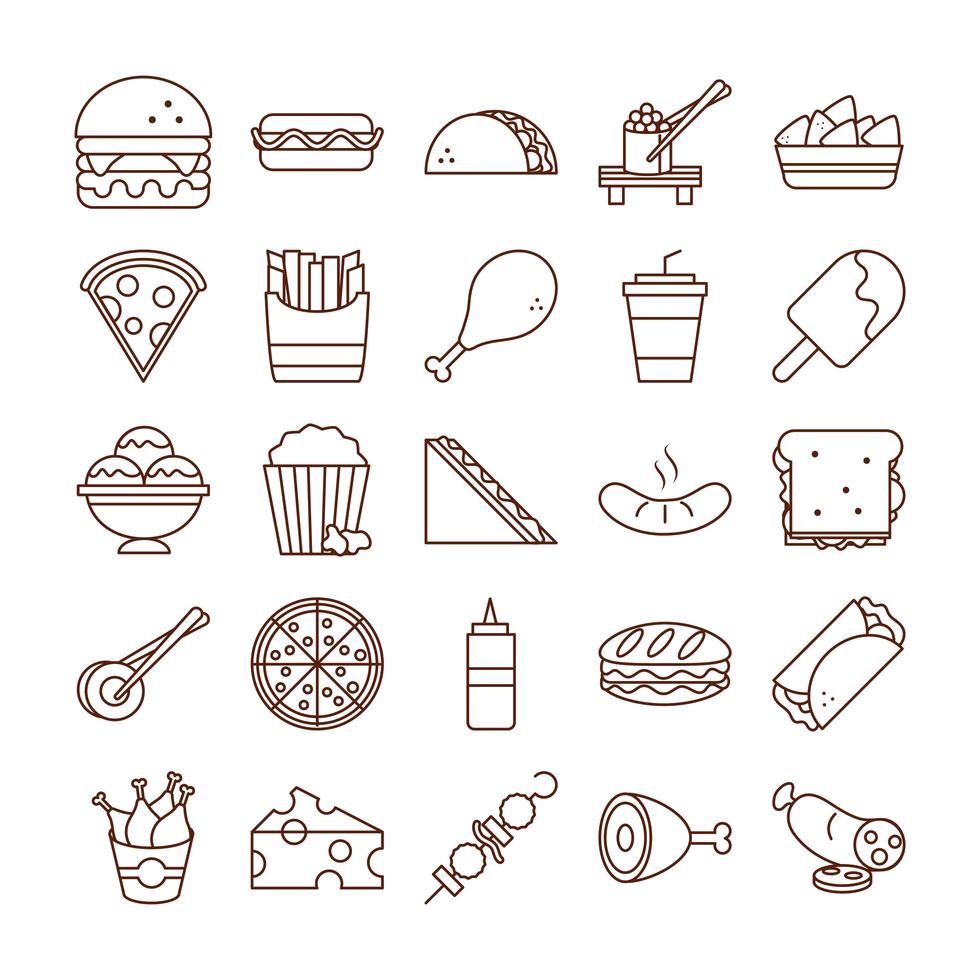 fast food dinner and menu tasty meal and unhealthy restaurant lunch icons set line and fill style vector