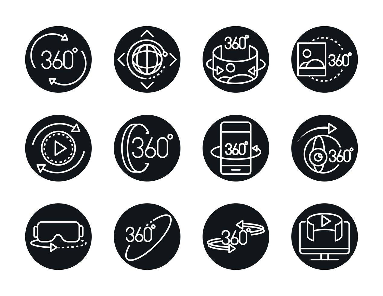 360 degree view virtual tour image panorama linear style icons set design vector