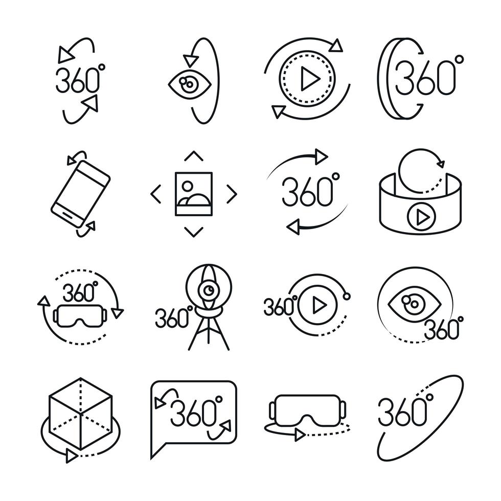 360 degree view virtual tour image panorama linear style icons set design vector