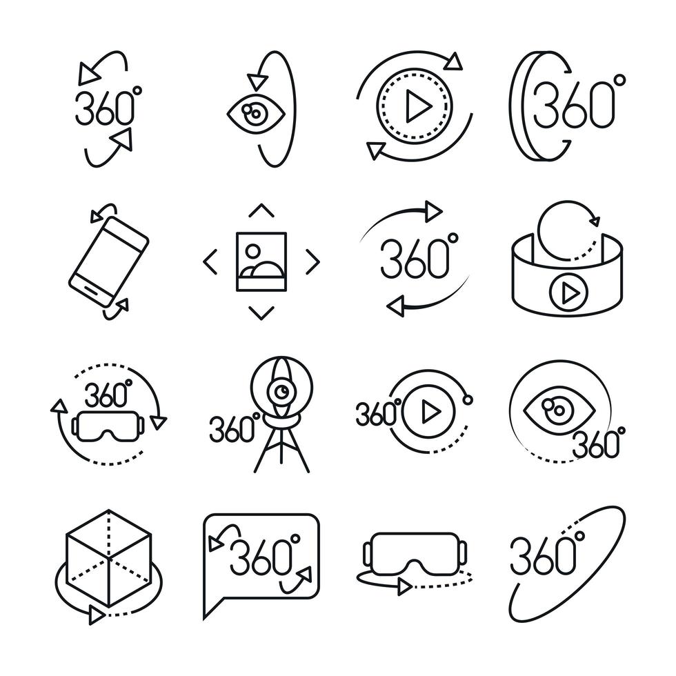 360 degree view virtual tour image panorama linear style icons set design vector