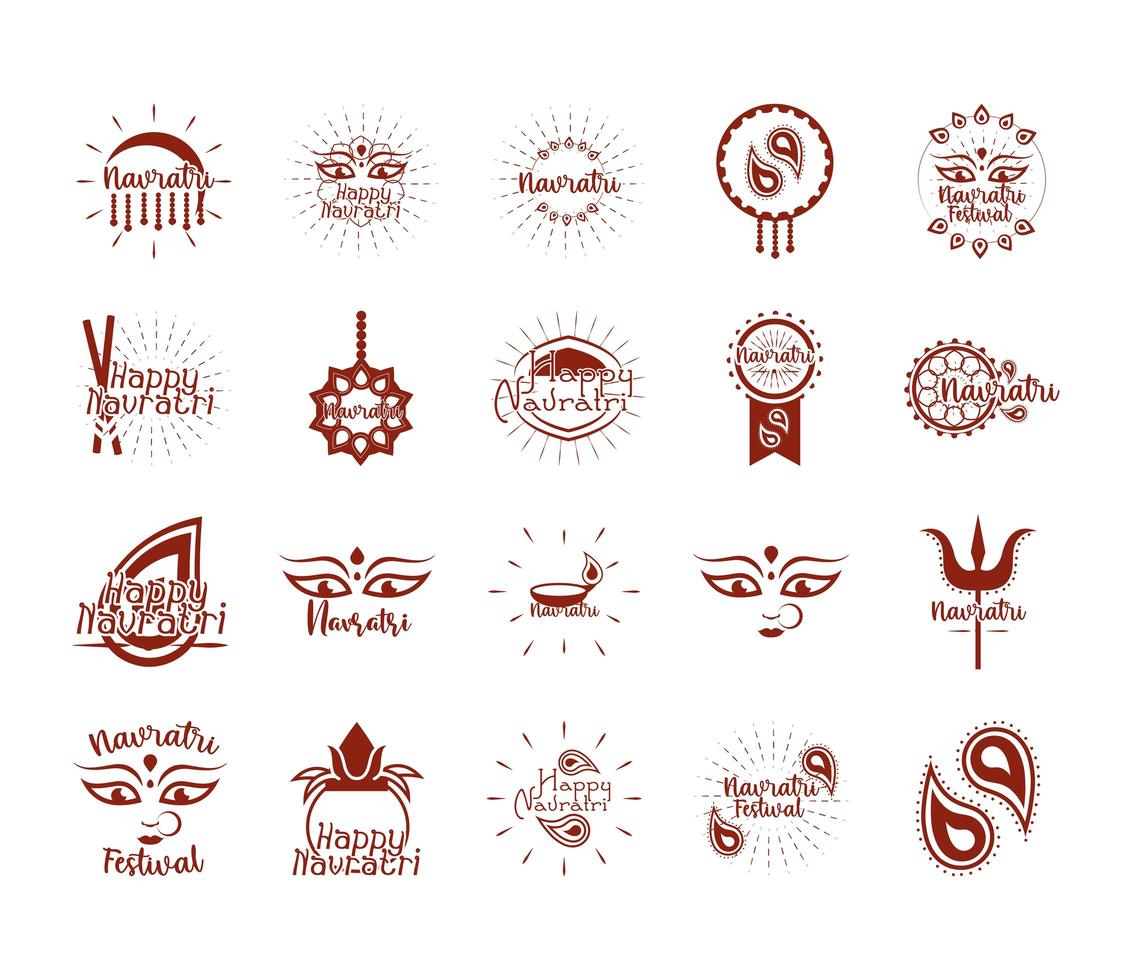 happy navratri indian celebration goddess durga culture traditonal icons set flat style vector