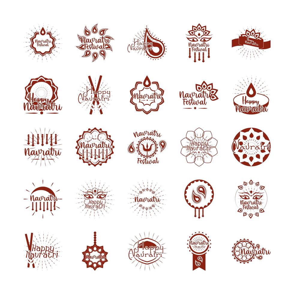 Feliz celebración india navratri diosa durga cultura tradicional conjunto de iconos de estilo plano vector