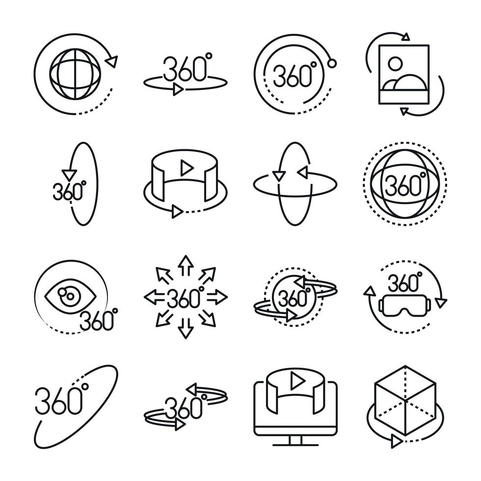 360 degree view virtual tour image panorama linear style icons set design vector