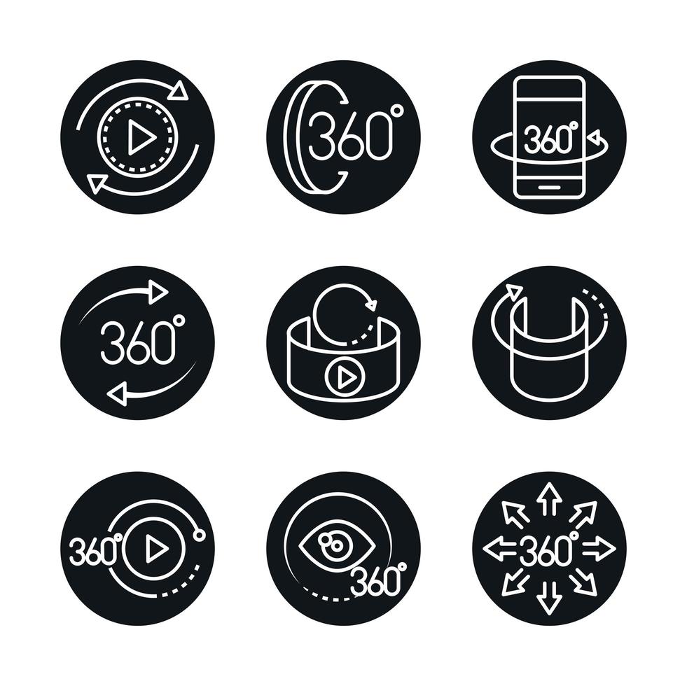 360 degree view virtual tour image panorama linear style icons set design vector