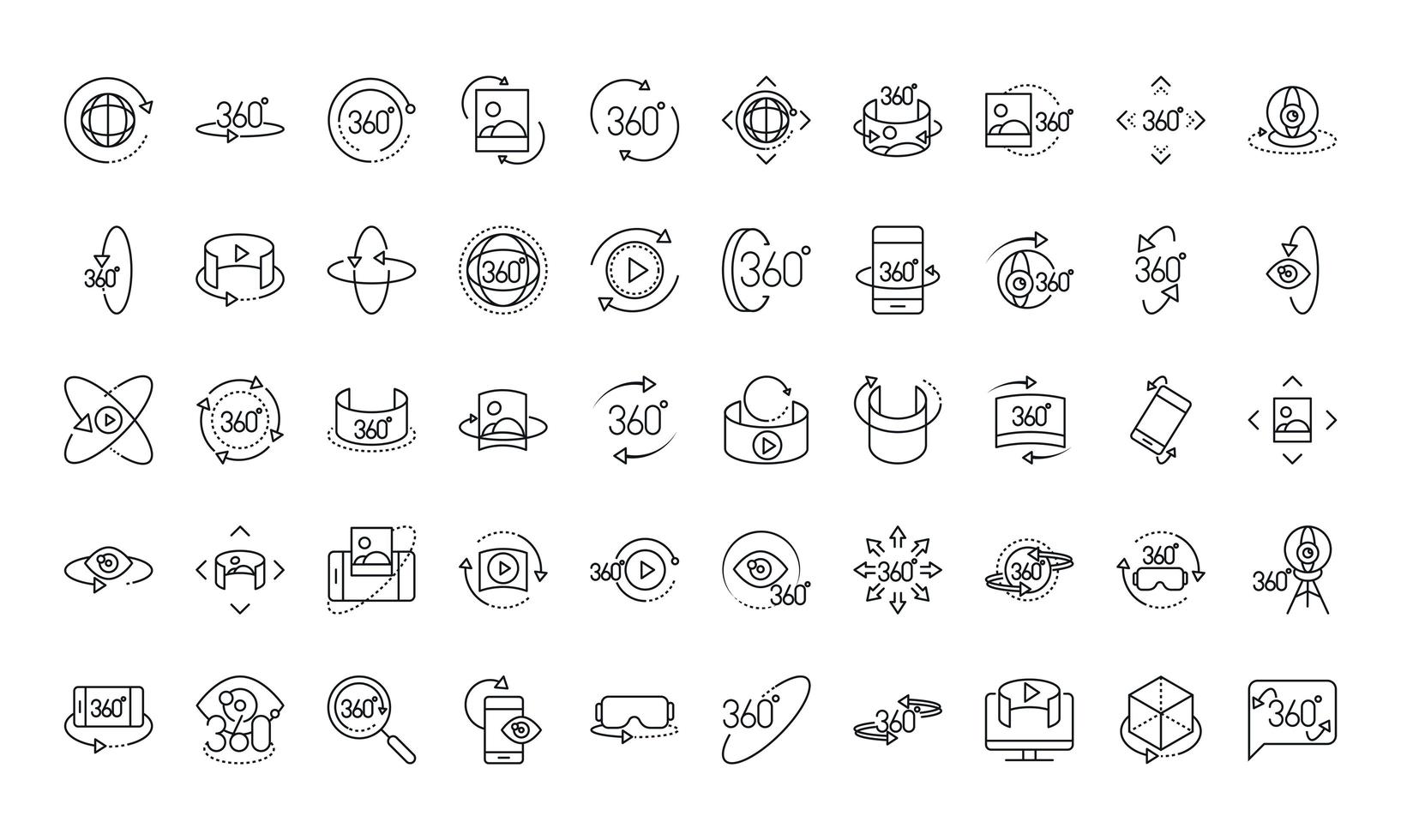 360 degree view virtual tour image panorama linear style icons set design vector