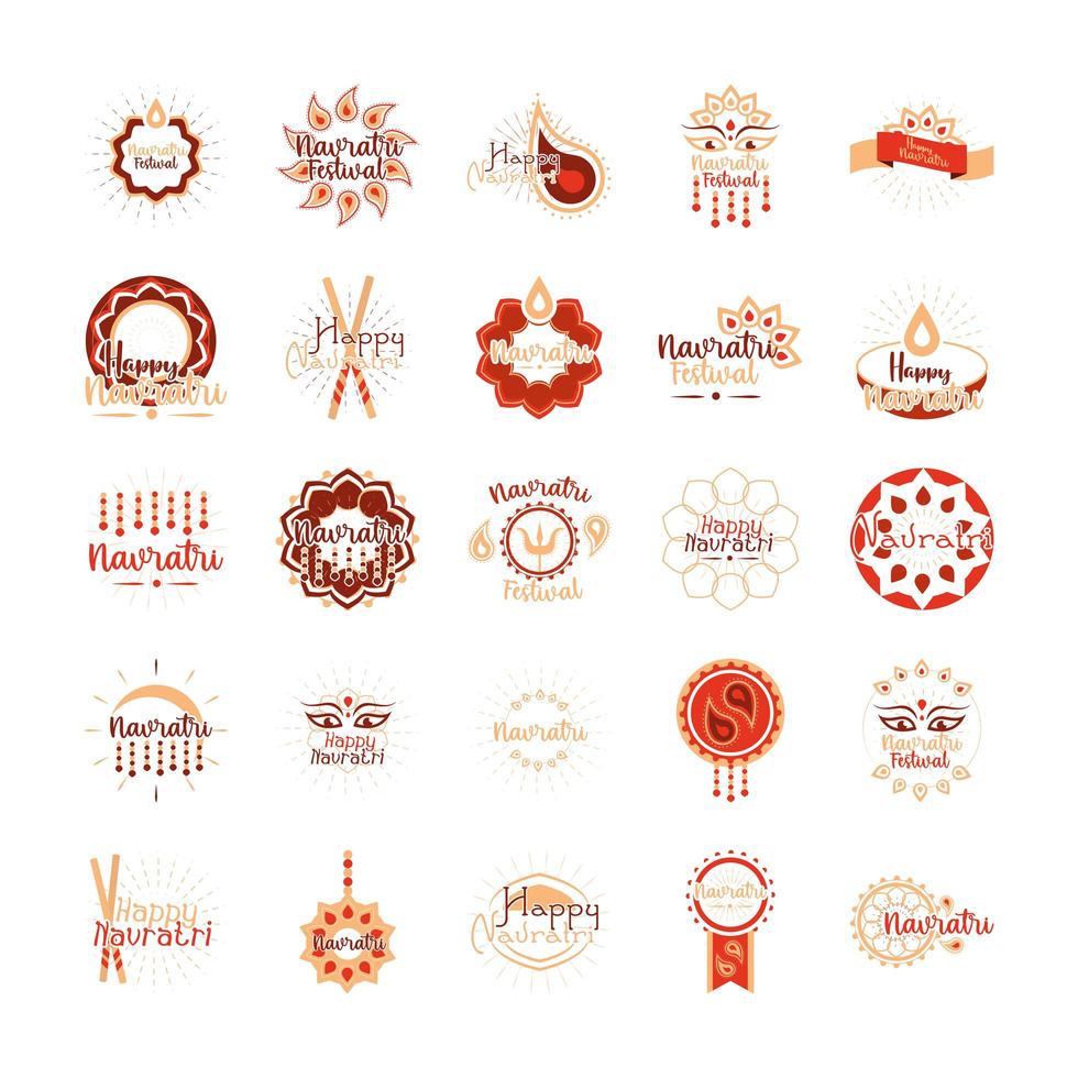 happy navratri indian celebration goddess durga culture traditonal icons set flat style vector