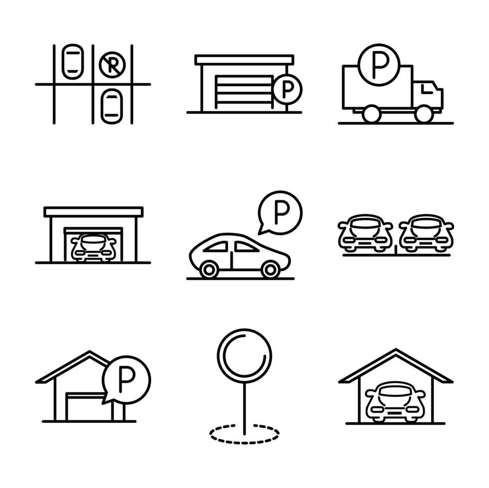 estacionamiento, transporte, línea de negocio, estilo, iconos, conjunto, diseño vector