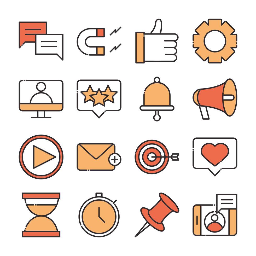 social media digital internet network communicate technology line and fill design icons set vector